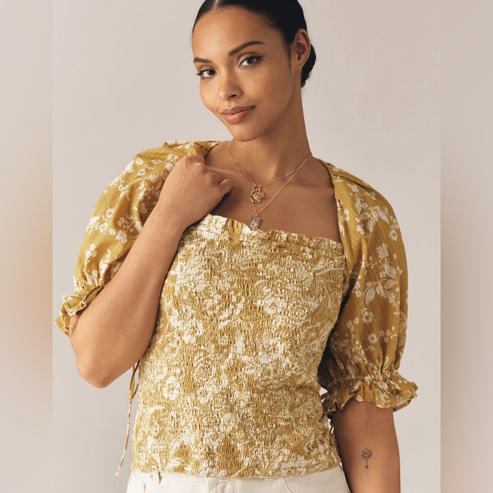 NWT Anthropologie Chartreuse Floral Seersucker Smocked Puff Sleeve Top Shirt XL
